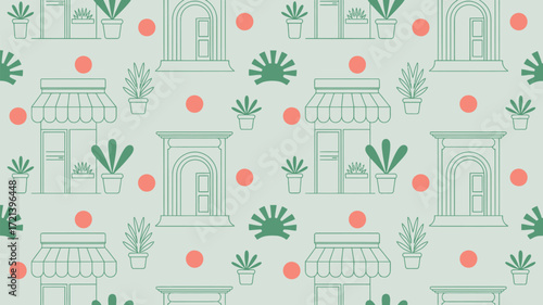 A repeating pattern with shop fronts, doorways, potted plants, and orange circles on a light green background