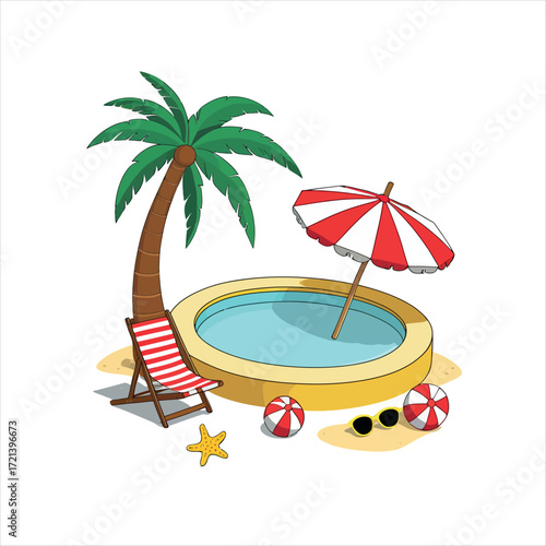 Vector art of tropical beach with palm tree and swimming pool