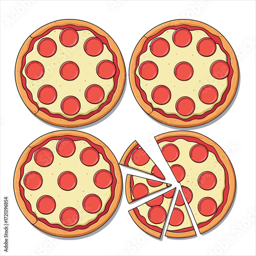 Vector art of four pepperoni pizzas, one with missing slices