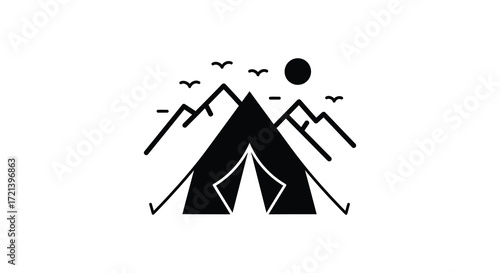 Simple black and white illustration of a tent mountains and sun