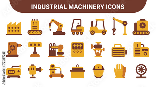Flat 2026 industrial machinery icon set with factory, robots, and mechanical tools