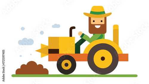 Happy farmer driving a yellow tractor, tilling the soil and planting seeds in the field isolated on white background, flat style illustration
