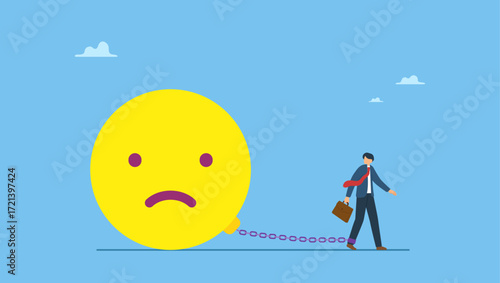 Depressed businessman chain with sad face burden. Stressed burden, anxiety or negative thinking, anger or emotional causing problem, mental health or depression, overworked or overwhelmed.