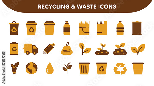 Flat 2026 recycling and waste management icon set with eco-friendly and sustainability symbols