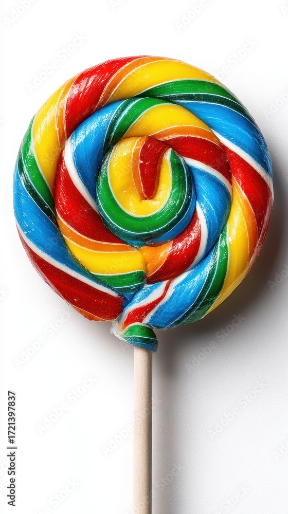custom made wallpaper toronto digitalA vibrant lollipop with a spiral pattern of red, yellow, blue, and green, photographed against a white background.