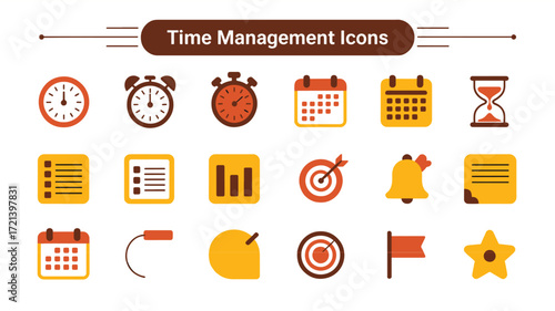 Flat 2026 time management icon set with clocks, calendars, and productivity symbols