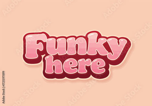 Retro funky here text in a bubbly pink gradient font with a dark red outline on a light peach background