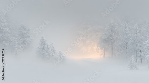 Minimal enchanted winter forest with soft snowfall, blurred foreground, warm fairy light glows, dreamy cinematic color palette, wide backdrop composition