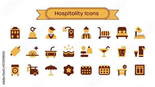 Flat 2026 hospitality icon set with hotel, travel, and guest service symbols