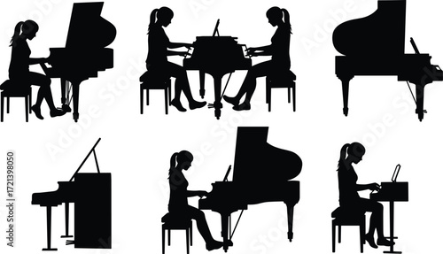 Silhouette woman playing piano, pianist performing music, grand piano, classical performance, concert practice, musician sitting, female pianist learning instrument