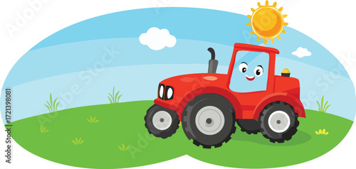A friendly red tractor with a smiling face drives across a green field under a sunny sky, creating a playful and inviting agricultural scene