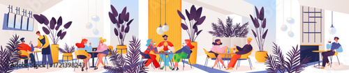 Horizontal long panoramic composition with people in a cafe or food court in a shopping center. Vector illustration with characters in a modern interior having lunch and tasting various food