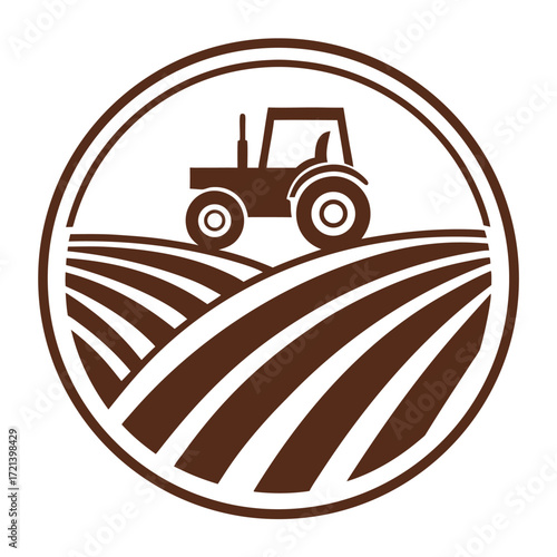 Brown tractor and field logo isolated on white background, perfect for agricultural businesses, farmtotable restaurants, and rural tourism