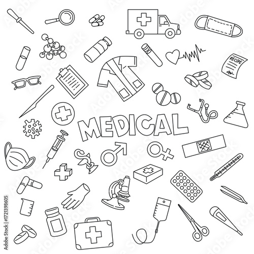 Medical health doodle art pencil ink background pattern vector illustration isolated