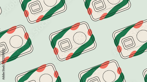 Repeated abstract design featuring rounded rectangles green stripes and red circles on light blue