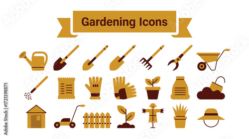 Stylized 2026 gardening icon set with tools, plants, and outdoor cultivation symbols