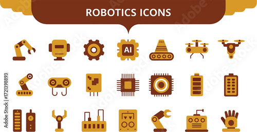 Stylized 2026 robotics and AI icon set with gears, robotic arms, and intelligent systems