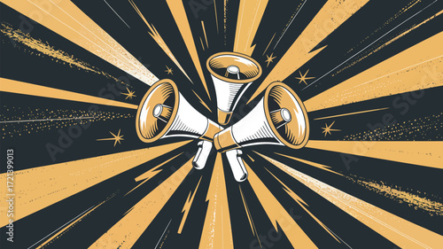 Three megaphones radiating light against a dark background with star accents and lightning bolts