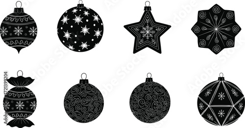 Christmas ornament silhouette set, snowflake, star, candy, spiral, geometric pattern icons, festive holiday decoration, black vector illustration, seasonal design