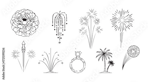 Collection of intricate line art fireworks and decorative elements silhouette