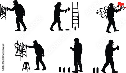 Graffiti artist silhouette, spray painting wall art, urban street culture, creative mural design, hip hop graffiti style, modern city artwork