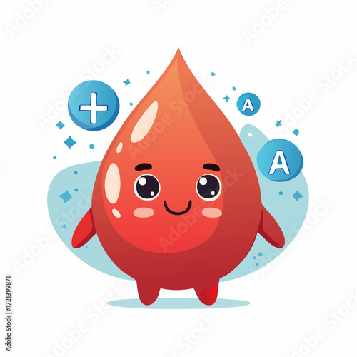 A cheerful cartoon blood drop character with arms and legs, surrounded by blood type symbols.