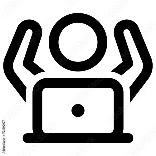 Person with hands up in frustration in front of a laptop in black and white simple outline design style