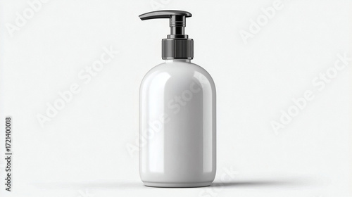 Sleek white pump bottle with metallic gray dispenser offers modern skincare packaging and product display