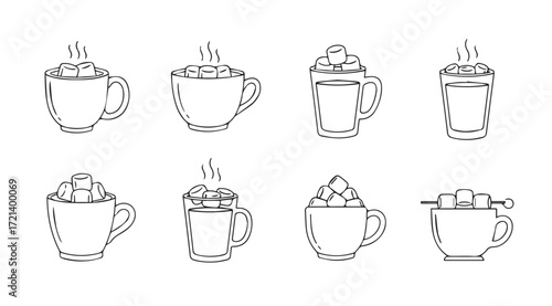 Collection of eight hand drawn coffee mugs with whipped cream and toppings silhouette