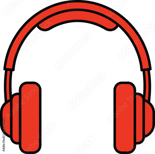 A simple graphic illustration of a pair of bright red over-ear headphones with a black outline, shown from the front.