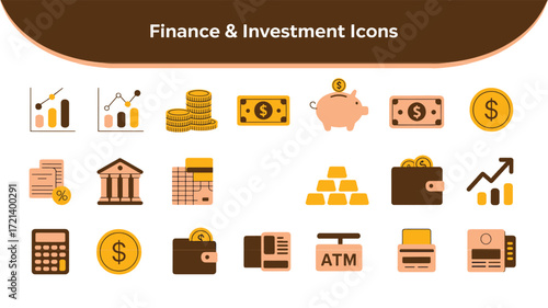 Finance and Investment Icon Set Banking Money and Growth