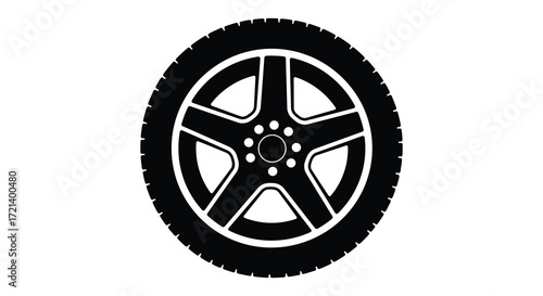 A simple black and white illustration of a car wheel and tire