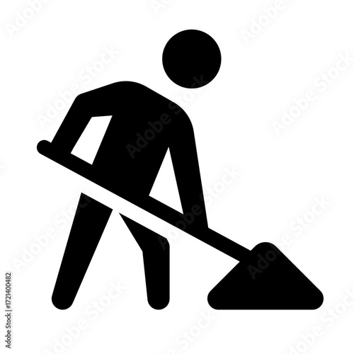 Silhouette of a person digging with a shovel, representing construction or manual labor, in black and white