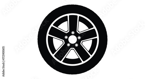 Black and white illustration of a modern car wheel with detailed spokes