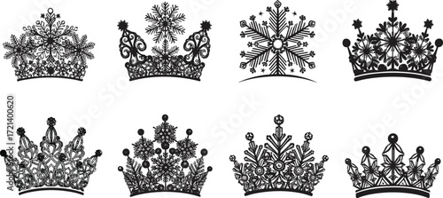Ornamental crown silhouette set, snowflake and floral motifs, geometric royal icons, black vector illustration, festive winter design, regal decoration elements