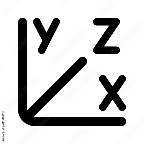 Black coordinate system with x y and z axis represented by thick lines on a white background isolated view