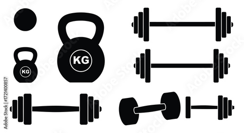 Black silhouette icons of kettlebells barbells and dumbbells for fitness