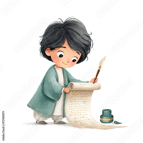 Cartoon Boy Diligently Writing on Scroll with Ink and Quill.