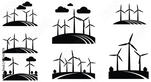 Stylized black and white illustration of wind turbines and rolling hills