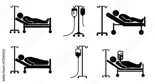 Hospital beds and medical equipment icons in black and white style
