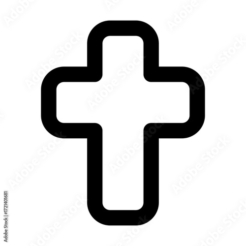 A simple black outline of a christian cross with rounded edges on a white background in a minimalist style