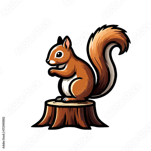 Cute Cartoon Squirrel Sitting on a Tree Stump

