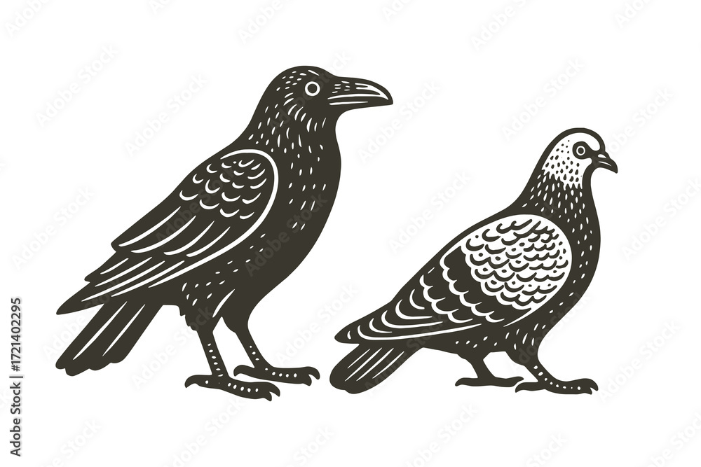 Fototapeta premium Crow and pigeon engraving vintage black and white vector illustration
