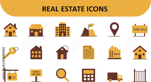 Real Estate Icon Set Modern Building and House Symbols