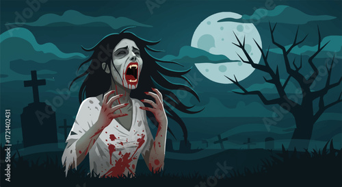 Horrifying Zombie Screaming in the Spooky Graveyard Under Moonlight