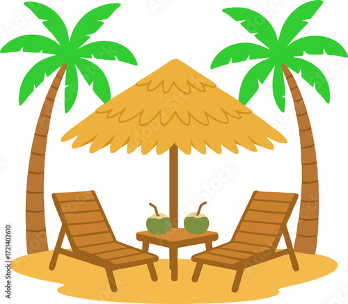Beach scene with palm cabana loungers table coconuts flat vector isolated