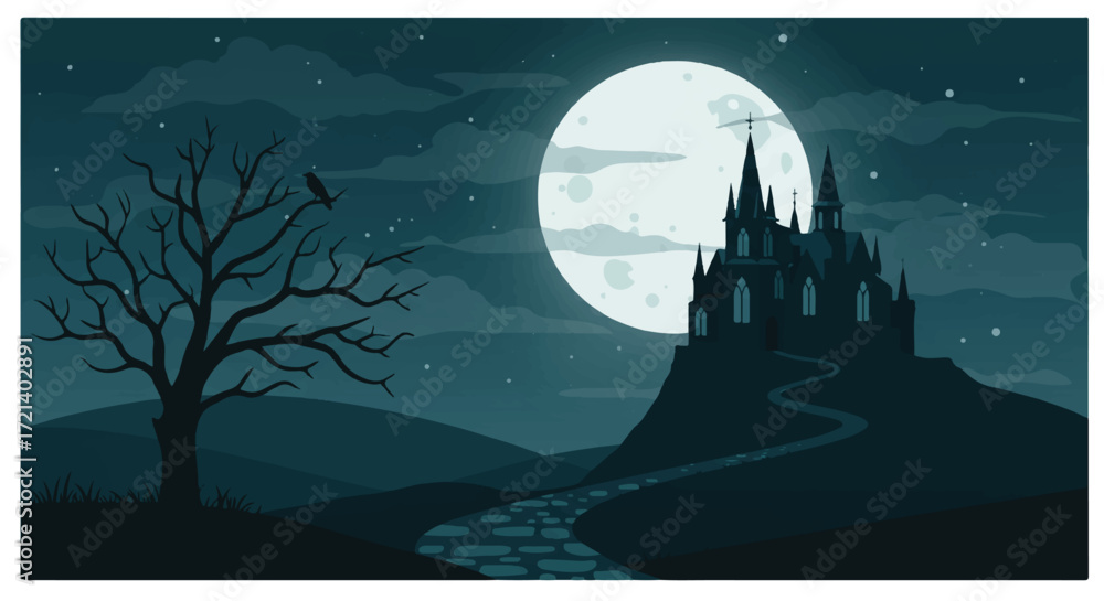 Naklejka premium Spooky Night Scene A Silhouette of Castle and Bare Tree