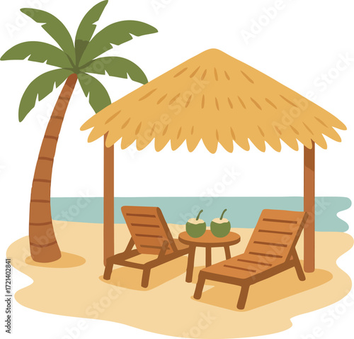 Beach scene with palm cabana loungers table coconuts flat vector isolated