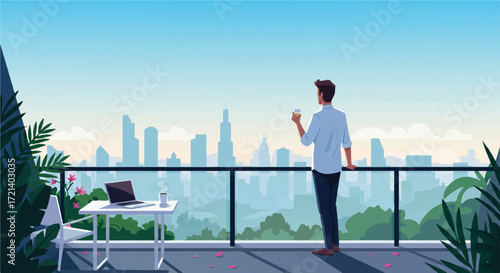 Man Enjoying City View from Balcony with Coffee in Hand