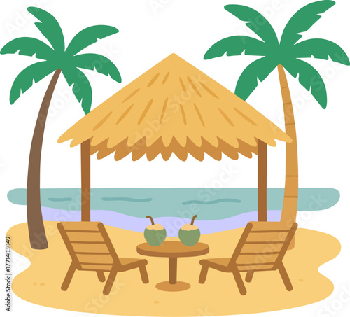 Beach scene with palm cabana loungers table coconuts flat vector isolated